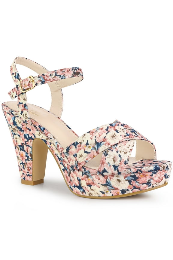 Women's Shoes Floral Pattern Platform Chunky Heel Open Toe Slingback Buckle Strap  Sandals Pink 10