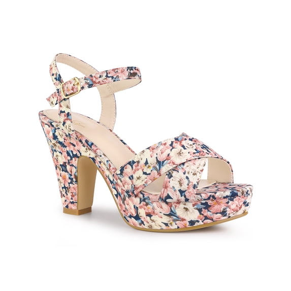BLISSFUL STEP Women's Shoes Floral Pattern Platform Chunky Heel Open Toe Slingback Buckle Strap Sandals Pink 9
