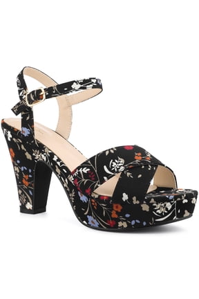 Women's Shoes Floral Pattern Platform Chunky Heel Open Toe Slingback Buckle Strap Sandals Black 9