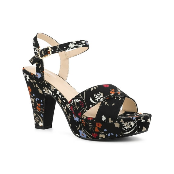 BLISSFUL STEP Women's Shoes Floral Pattern Platform Chunky Heel Open Toe Slingback Buckle Strap Sandals Black 9