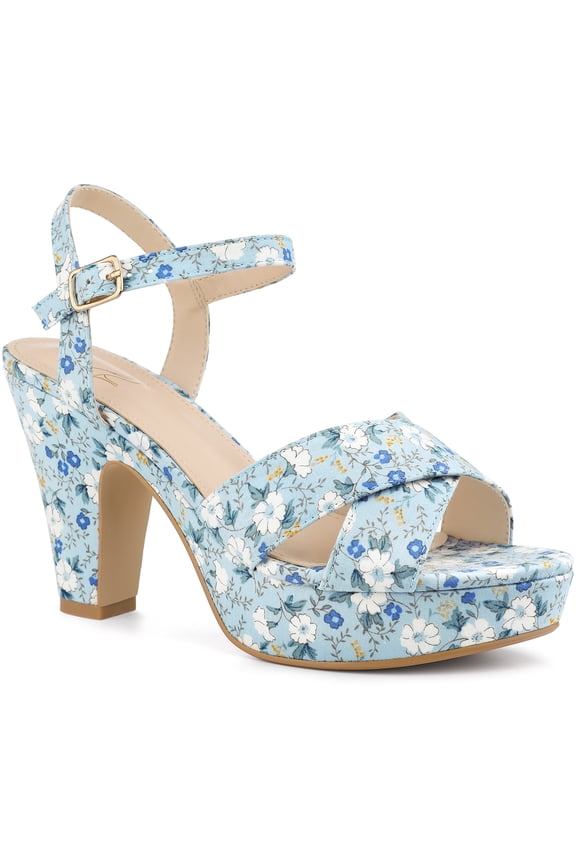 Women's Shoes Floral Pattern Platform Chunky Heel Open Toe Slingback Buckle Strap Sandals Blue 9