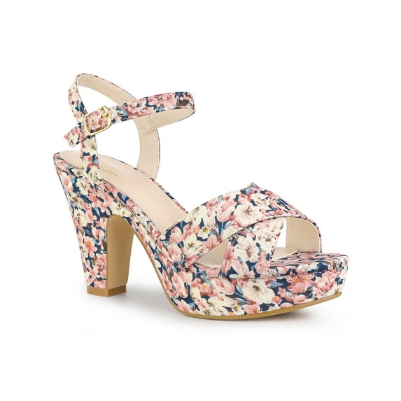 BLISSFUL STEP Women's Shoes Floral Pattern Platform Chunky Heel Open Toe Slingback Buckle Strap Sandals Pink 8.5