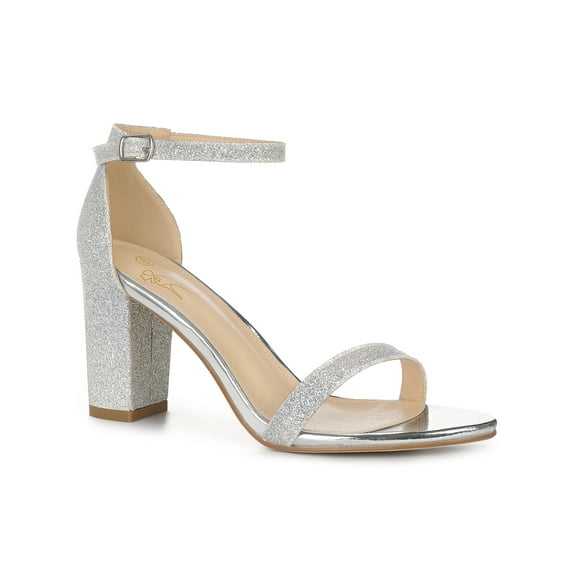 BLISSFUL STEP Women's Glitter Ankle Strap Block High Heels Sandals