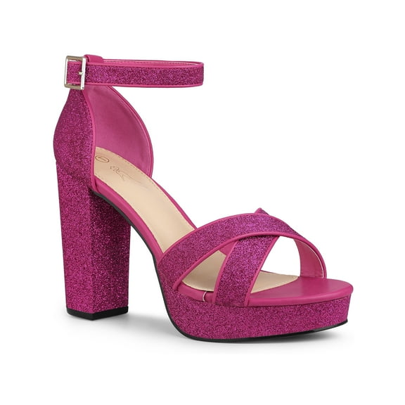 BLISSFUL STEP Women's Glitter Platform Crisscross Straps Block Heel Sandals