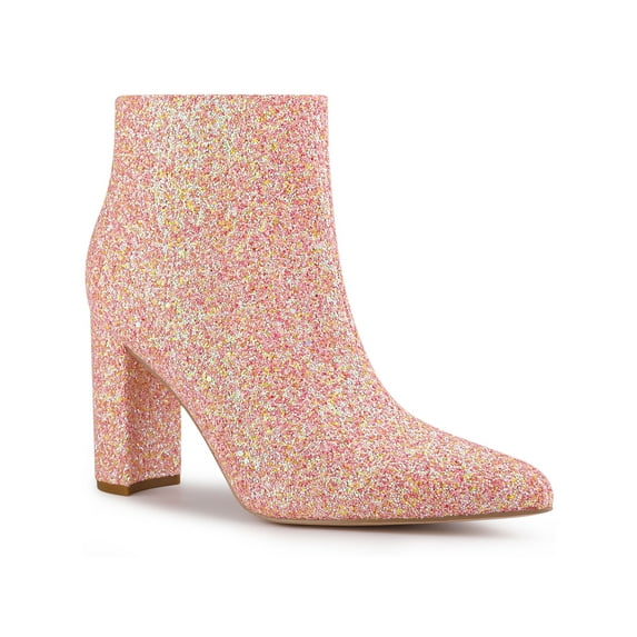 BLISSFUL STEP Women's Glitter Pointed Toe Block Heel Sparkly Booties Ankle Boots Pink 5.5