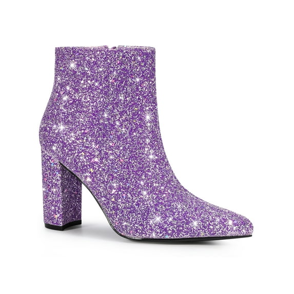 BLISSFUL STEP Women's Glitter Pointed Toe Block Heel Sparkly Booties Ankle Boots Purple 8