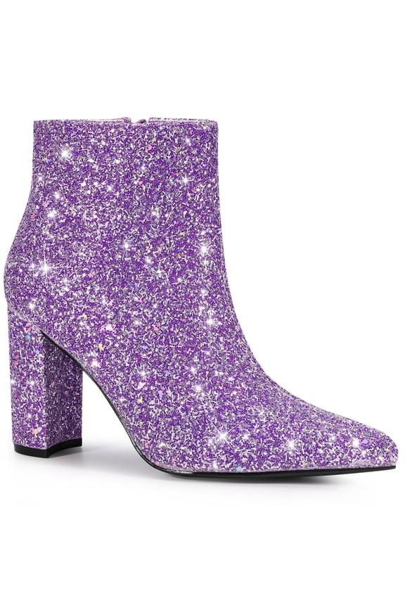 Women's Glitter Pointed Toe Chunky Heel Sparkly Booties Ankle Boots Purple (Size 10)