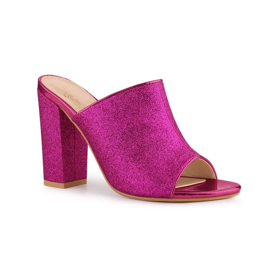 BLISSFUL STEP Women's Glitter Slip on Mules Chunky Heel Sandals Hot Pink 8.5
