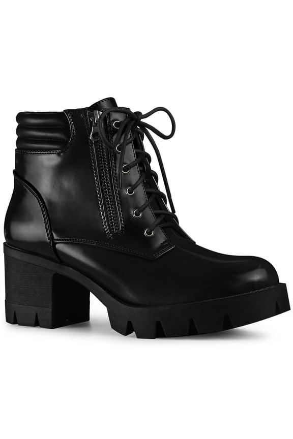 Women's Ankle Boots Platform Chunky Heel Side Zipper Lace Up Combat Boots Black 8