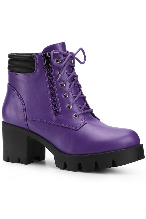 Women's Ankle Boots Platform Chunky Heel Side Zipper Lace Up Combat Boots Purple 9.5