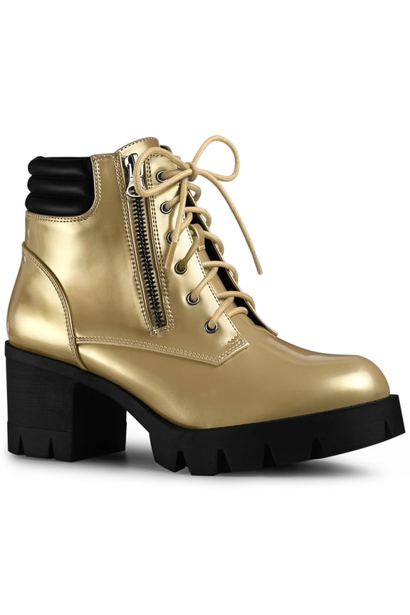 Women's Ankle Boots Platform Chunky Heel Side Zipper Lace Up Combat Boots Gold 6