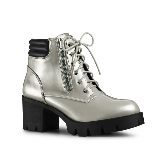 BLISSFUL STEP Women's Ankle Boots Platform Chunky Heel Side Zipper Lace Up Combat Boots Silver 9.5