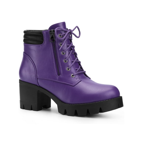 BLISSFUL STEP Women's Ankle Boots Platform Chunky Heel Side Zipper Lace Up Combat Boots Purple 8.5