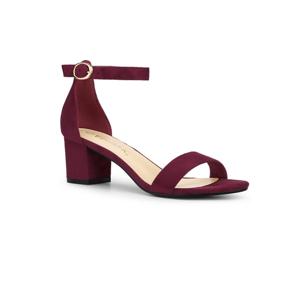 BLISSFUL STEP Women's Ankle Strap Sandals Open Toe Chunky Heel Faux Suede Dress Heels Burgundy 7.5