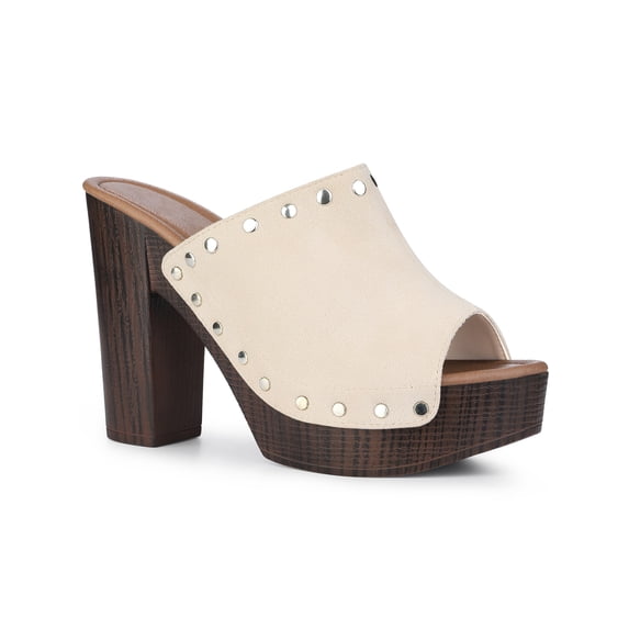 BLISSFUL STEP Women's Open Toe Platform Block Heel Slide Sandals Beige 10