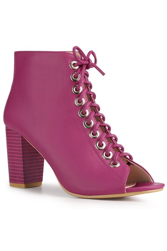 Women's Peep Toe Lace Up Block Heel Ankle Boots Hot Pink 8