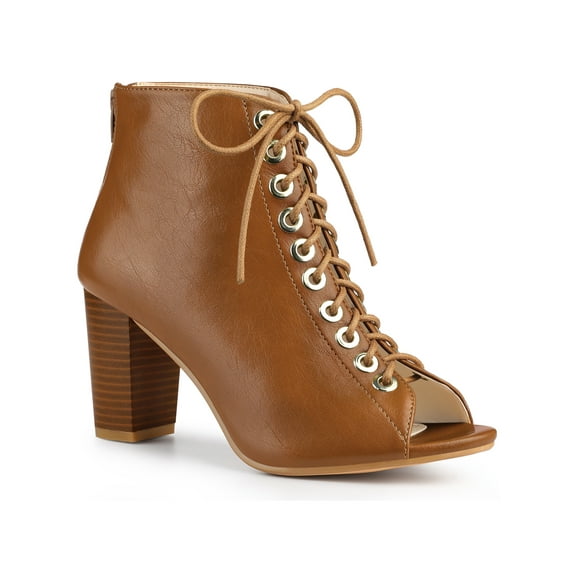 BLISSFUL STEP Women's Peep Toe Lace Up Block Heel Ankle Boots
