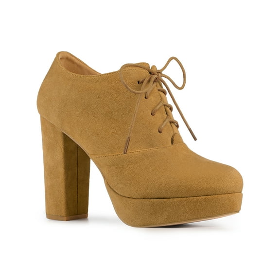 BLISSFUL STEP Women's Ankle Boots Faux Suede Chunky Heel Platform Lace - up Round Toe Dress Boots Brown 6