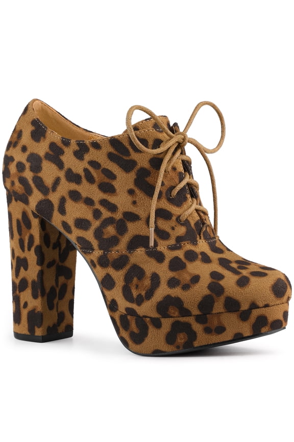 Women's Ankle Boots Faux Suede Chunky Heel Platform Lace - up Round Toe Dress Boots Leopard 11