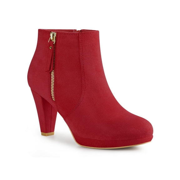BLISSFUL STEP Women's Ankle Boots Platform Round Toe Zipper Block Heels Red 9.5