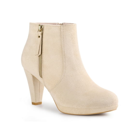 BLISSFUL STEP Women's Ankle Boots Platform Round Toe Zipper Block Heels Beige 6