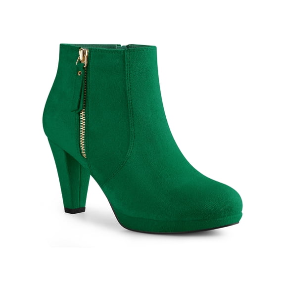 BLISSFUL STEP Women's Ankle Boots Platform Round Toe Zipper Block Heels Emerald Green 9