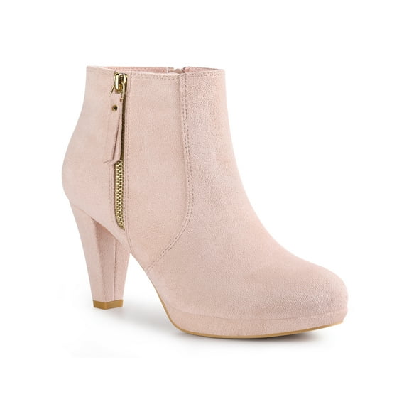 BLISSFUL STEP Women's Ankle Boots Platform Round Toe Zipper Block Heels Dust Pink 6.5