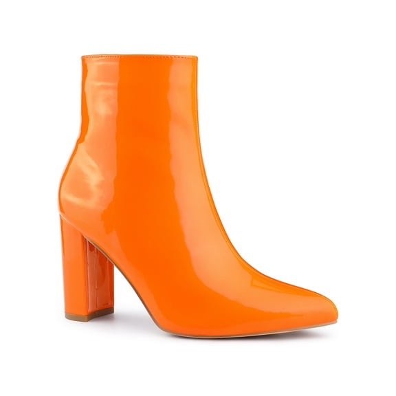 BLISSFUL STEP Women's Ankle Boots Faux Leather Chunky Heel Pointed Toe Side Zip Booties Orange 10