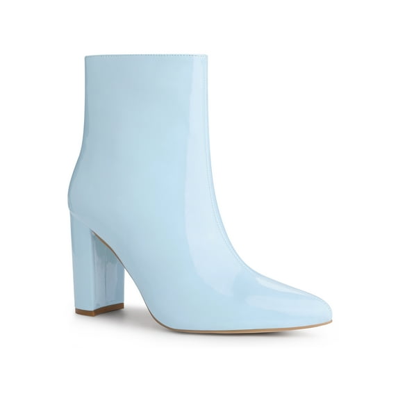 BLISSFUL STEP Women's Ankle Boots Faux Leather Chunky Heel Pointed Toe Side Zip Booties Sky Blue 8