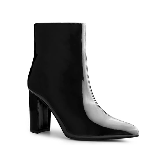 BLISSFUL STEP Women's Ankle Boots Faux Leather Chunky Heel Pointed Toe Side Zip Booties Black 6