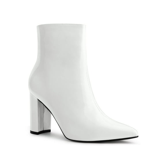 BLISSFUL STEP Women's Ankle Boots Faux Leather Chunky Heel Pointed Toe Side Zip Booties White 7