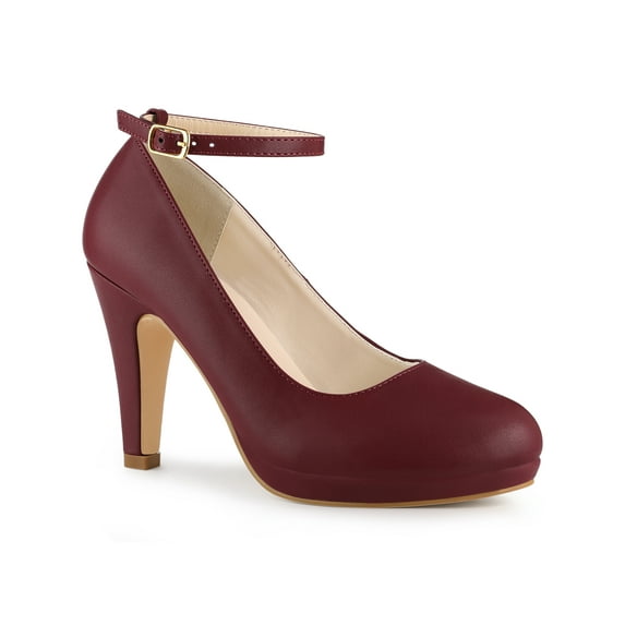 BLISSFUL STEP Women's Round Toe Ankle Strap Stiletto High Heels Pumps -PU Burgundy-PU 8.5