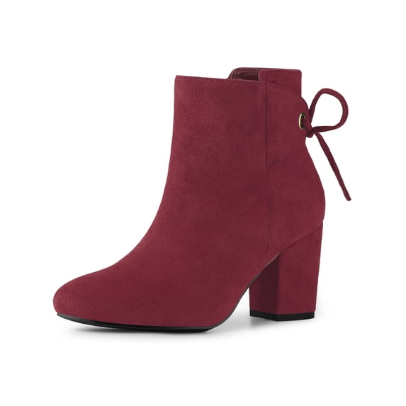 BLISSFUL STEP Women's Round Toe Block Heels Ankle Booties Burgundy 5.5
