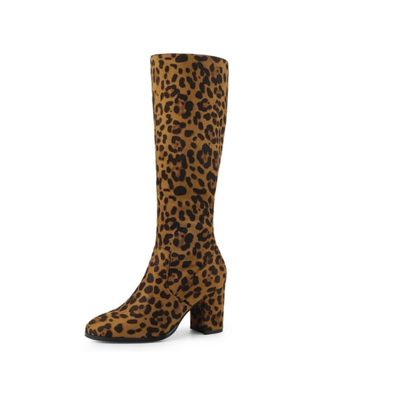 BLISSFUL STEP Women's Round Toe Block Heels Knee High Boots Leopard 10