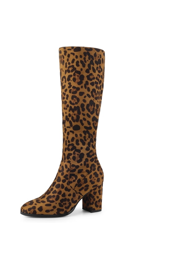 Women's Round Toe Block Heels Knee High Boots Leopard 10
