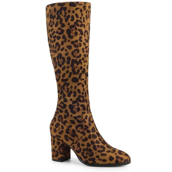 BLISSFUL STEP Women's Round Toe Block Heels Knee High Boots Leopard 6