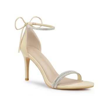 Perphy Women's Round Toe Rhines Stiletto Heels Ankle Tie Sandals Beige 7