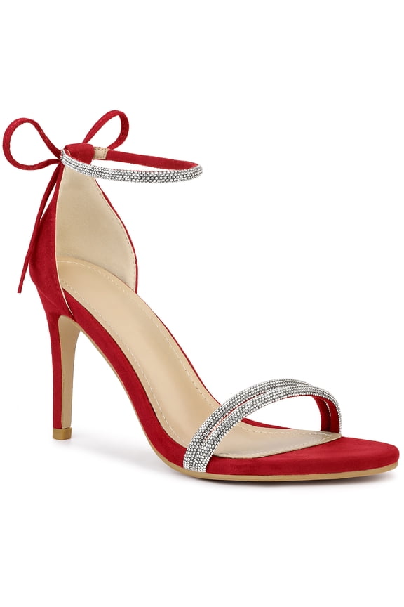 Women's Shoes Stiletto Heels Rhinestone Ankle Tie Open Toe Faux Suede Party Sandals Red 9