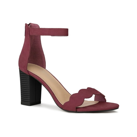 BLISSFUL STEP Women's Sandals Ankle Strap Scalloped Decor Block Heels Sandals Burgundy 7