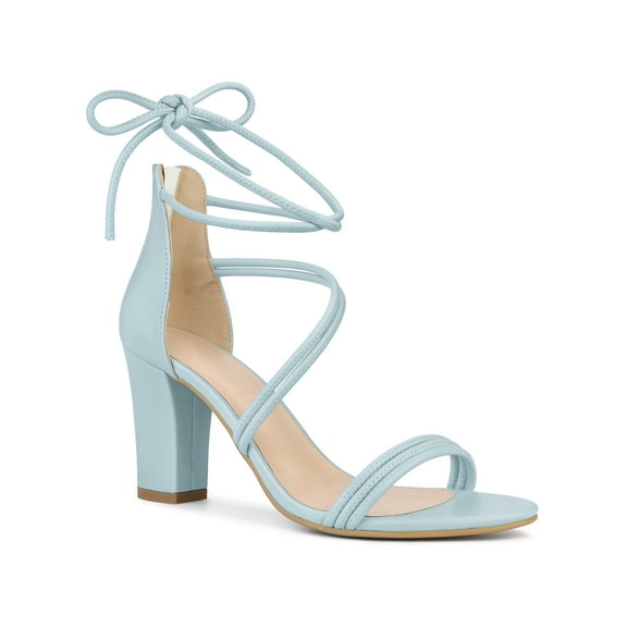 BLISSFUL STEP Easter Women's Sandals Block Heels Open Toe Strappy Lace up Sandals Sky Blue 7.5