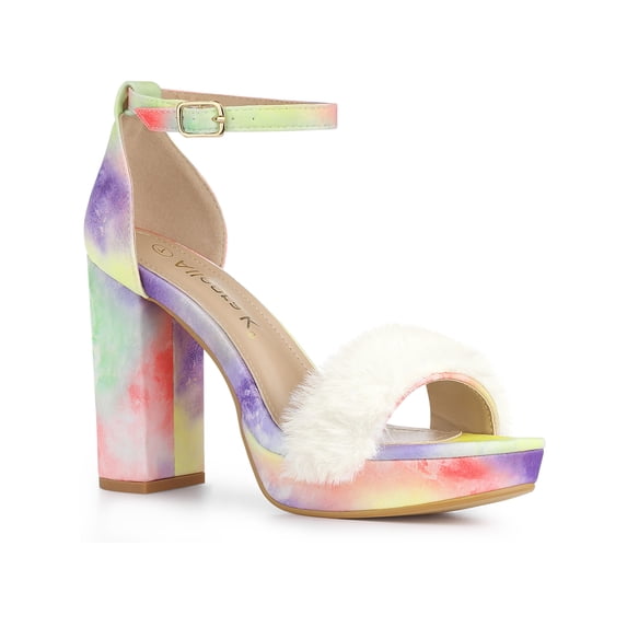 BLISSFUL STEP Women's Sandals Block Heels Tie Dye Fur Platform Sandals Purple Yellow 7