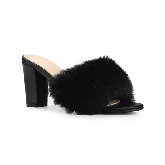 BLISSFUL STEP Women's Sandals Chunky Heels Slip on Faux Fur Slides Mules Black 6
