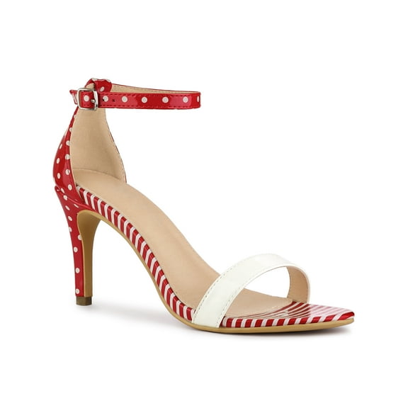 BLISSFUL STEP Women's Sandals Stiletto Heels Stripe Ankle Strap Polka Dots Sandals Red 9