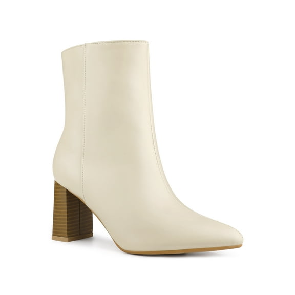 BLISSFUL STEP Women's Side Zip Pointed Toe Block Heels Ankle Boots Beige 6