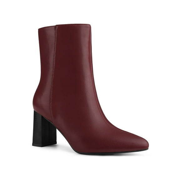 BLISSFUL STEP Women's Side Zip Pointed Toe Block Heels Ankle Boots Burgundy 9