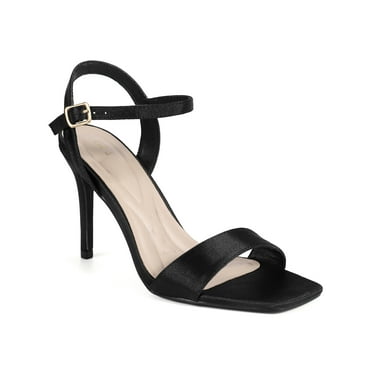 BLISSFUL STEP Women's Square Toe Buckle Ankle Strap High Stiletto Heel Sandals Black 8