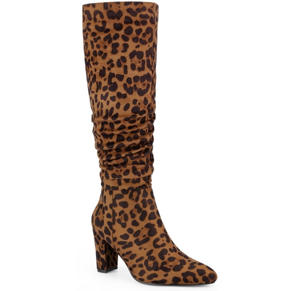 BLISSFUL STEP Women's Boots Knee High Faux Suede Pointed Toe Block Heel Wrinkled Dress Boots Leopard 9.5