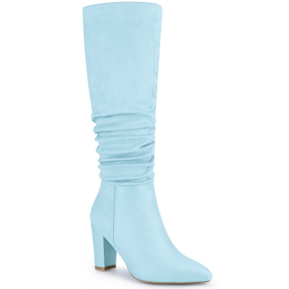 BLISSFUL STEP Women's Boots Knee High Faux Suede Pointed Toe Block Heel Wrinkled Dress Boots Sky Blue 6.5