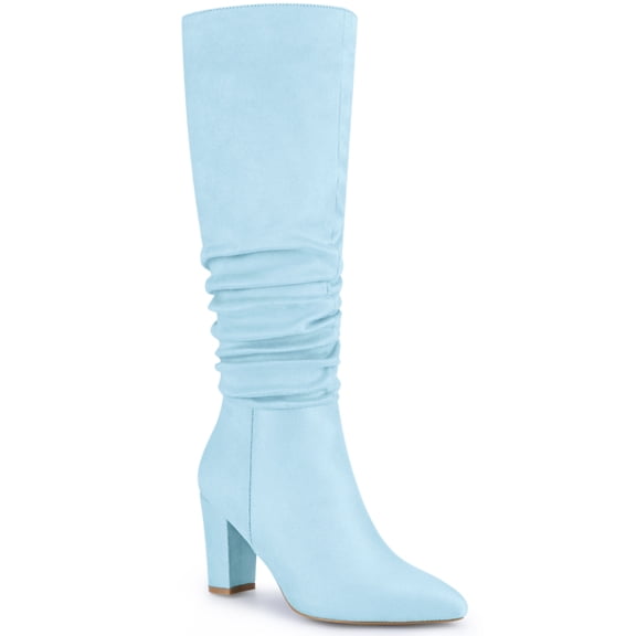 BLISSFUL STEP Women's Boots Knee High Faux Suede Pointed Toe Block Heel Wrinkled Dress Boots Sky Blue 7