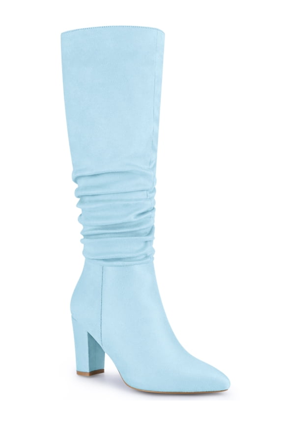 Women's Boots Knee High Faux Suede Pointed Toe Block Heel Wrinkled Dress Boots Sky Blue 8